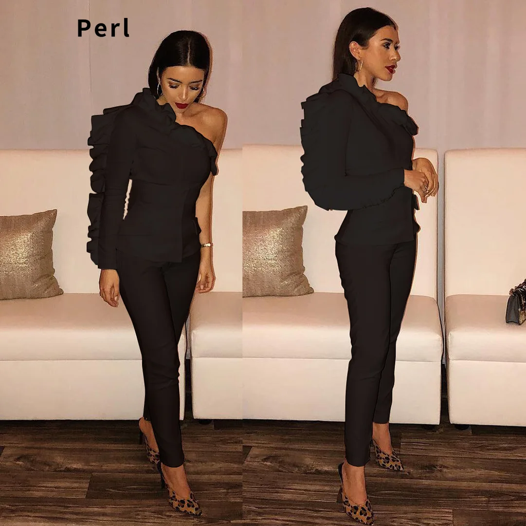 

Perl Three-dimensional Fungus Side Ruffled Women's Casual Sexy One Strapless Two-piece Outfit Slim Elegant Matching Set
