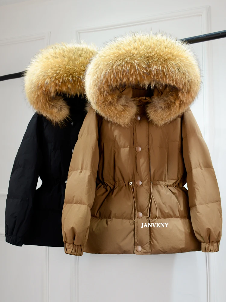 

2022 New Winter Puffer Jacket Women Large Natural Raccoon Fur 90% Duck Down Coat Female Thick Warm Sash Tie Up Waterproof Parka