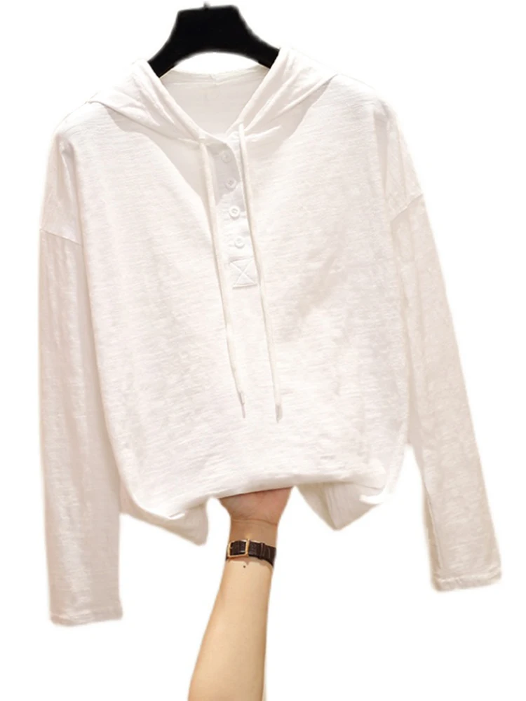 Женская футболка с капюшоном Gkfnmt белая хлопковая Приталенная длинным рукавом