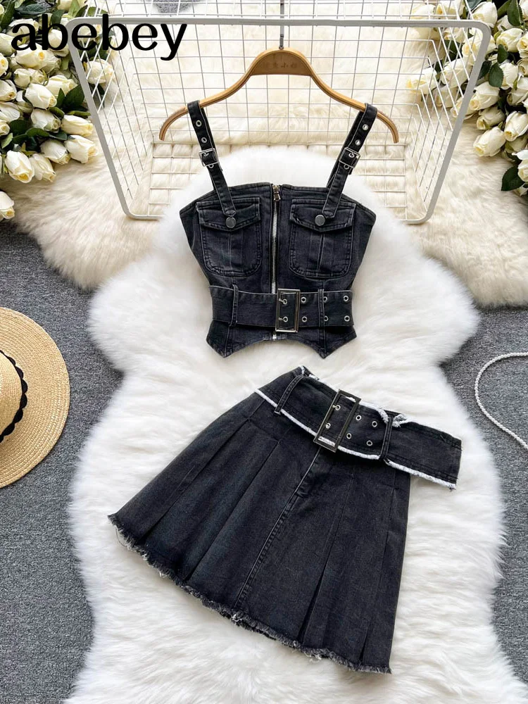 

Black Summer Women Two 2 Piece Set Sexy Jeans Camis Top+High Waist Short Denim Skirts outfit Office Lady Sleeveless Suits