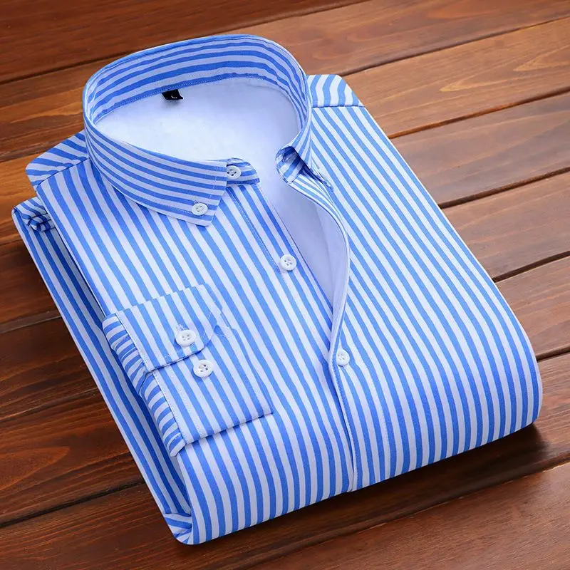 2022 New Men's Plush Thickened Warm Shirt Autumn and Winter Business Stripe Fashion Casual Square Neck Long Sleeve Plaid Shirt
