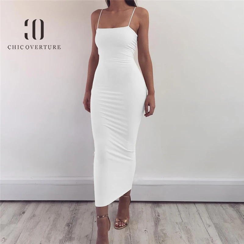 

Chic Overture Solid Color Sheath Spaghetti Strap Dress for Women Sexy Style Slash Neck Bodycon White Maxi Dresses Elegant