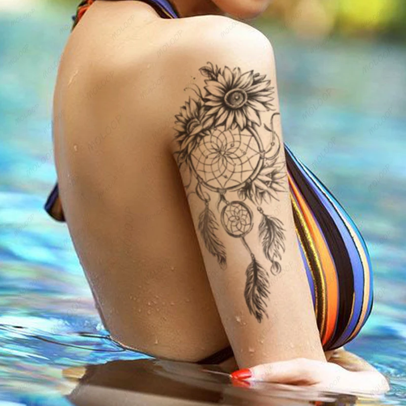 

Hannah Waterproof Temporary Tattoo Sticker Black Dream Catcher Sunflowers Totem Fake Tattoos Flash Tatoos Arm Body Art for Women