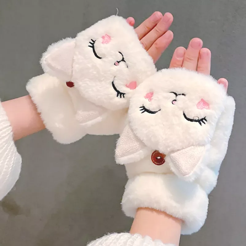 

New in Cat Bear Rabbit Fur Mittens Women Winter Gloves for Women Girls Animal Ear Flip Plush Glove Fingerless Thicken Warm Mitte