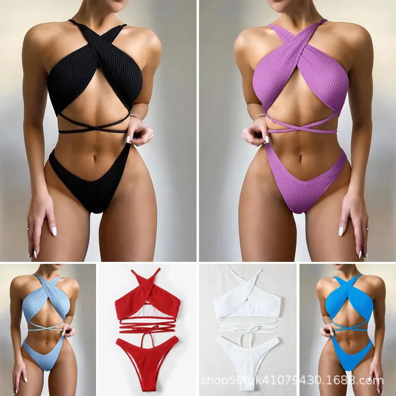 

New Swimwear Women 2022 Women Swimsuit Bikini Sexy Cross Lace Scarf Two-piece Suit Solid Micro Thong Female Beach Swimming Bra