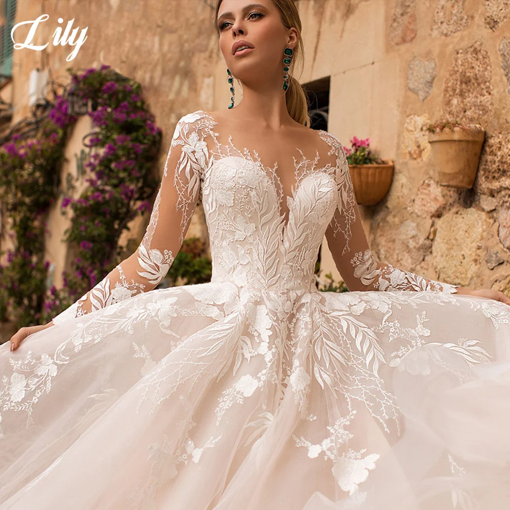 

Romantic Long Sleeve A-Line Wedding Dresses Button Illusion Appliques Robe De Mariee Bridal Robes Button Back Vestido De Noiva