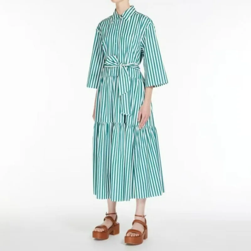 2023 Summer New Dress Loose Stripes Women Three Quarter Sleeve Dress Midi Dress