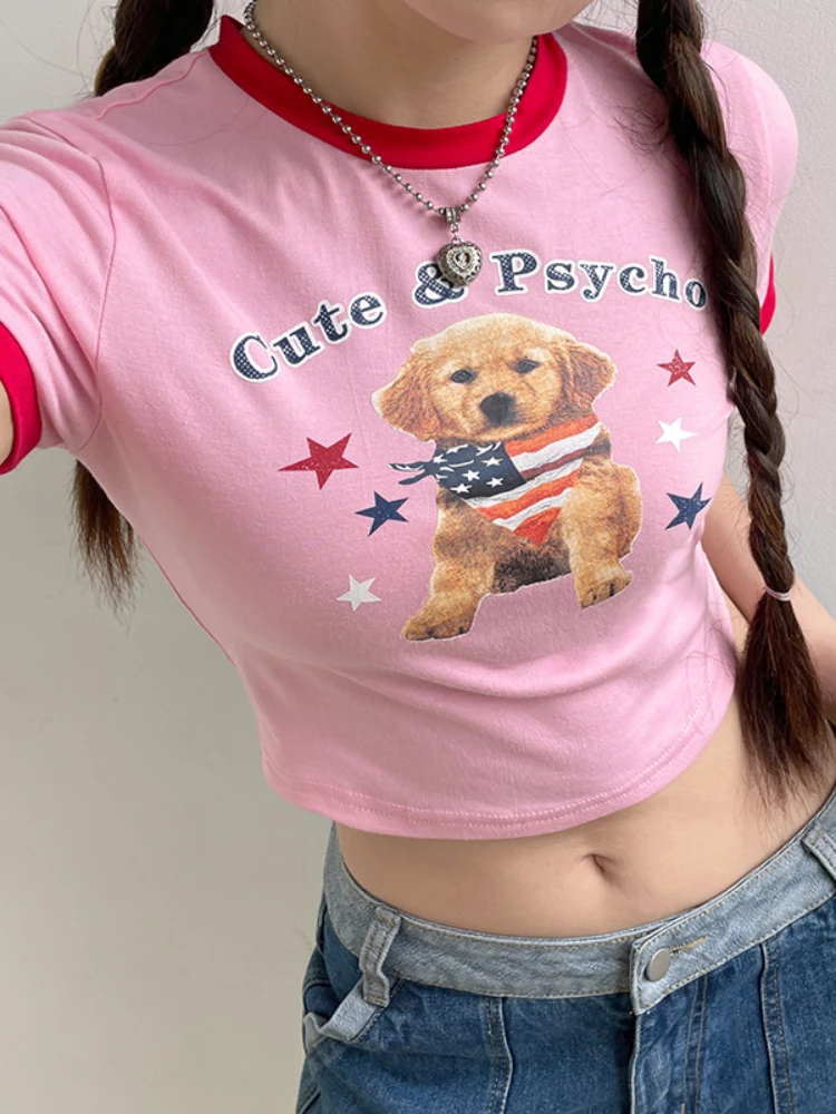 

Sweet Girl Candy Cute Cartoon Dog Print Basic Short T Loose Versatile Contrast Raglan Top