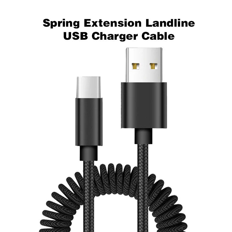 

USB Cable Spring Extension Landline Charger Cord For iPhone XS 8 7 6 USB Type C Micro USB Data Fast Charging Mobile Phone Cable