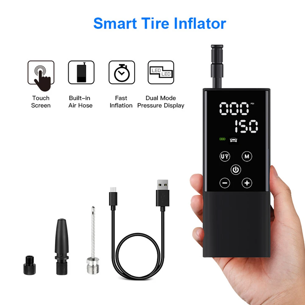 

Car Air Pump 150PSI Rechargeable Air Compressor Touchscreen Electric Tire Inflator with Pressure Detection Auto-Off Function