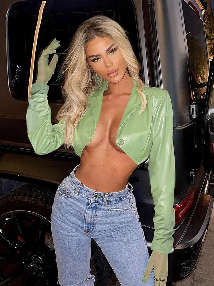 

Sexy Irregular Green PU Leather Crop Top Jacket Coat Women 2022 Autumn Fashion Turn-Down Collar Long Sleeve Button Streetwear