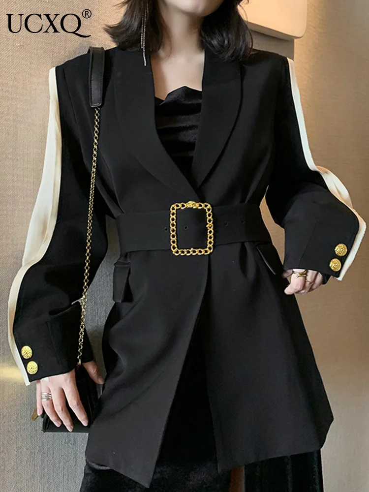 

UCXQ Elegant Socialite Gold Belt Design Black Notched Color Block Full Sleeve Women Blazer Summer 2023 New Ladies Suit Jacket