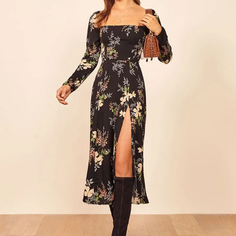 

European and American Long Sleeve Fashion New Product Front and Rear Square Collar Floral Print High Waist Slim Fit Slit Spring