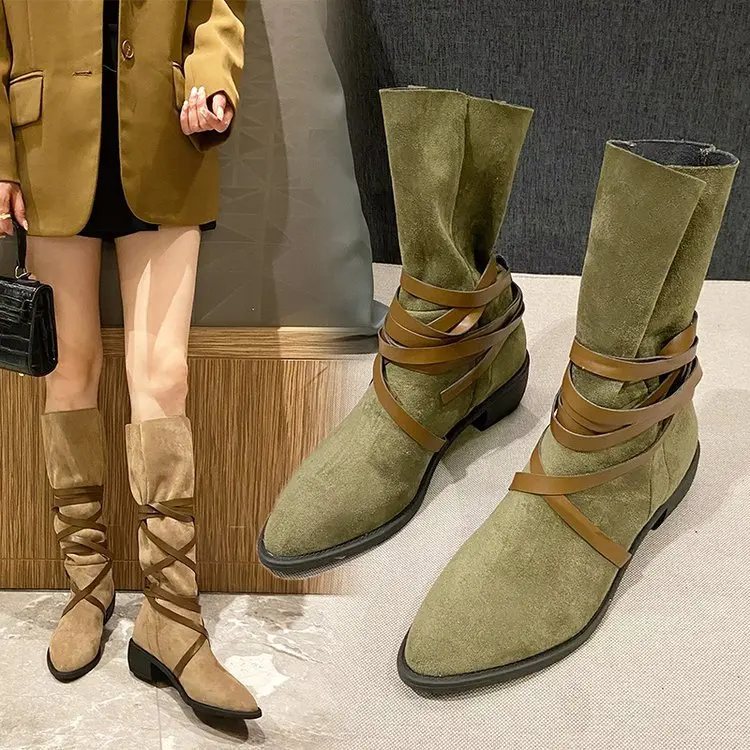 

Новинка осени 2022, высокие ботинки с острым носком, женские ботинки на плоской подошве, кожаные ковбойские ботинки в западном стиле, рыцарски...