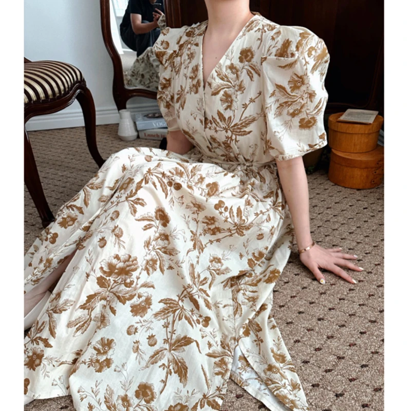 

Clothland Women Sweet Floral Midi Dress V Neck Single Breasted Belt A Line Retro Summer Chic Mid Calf Dresses Vestido QC331