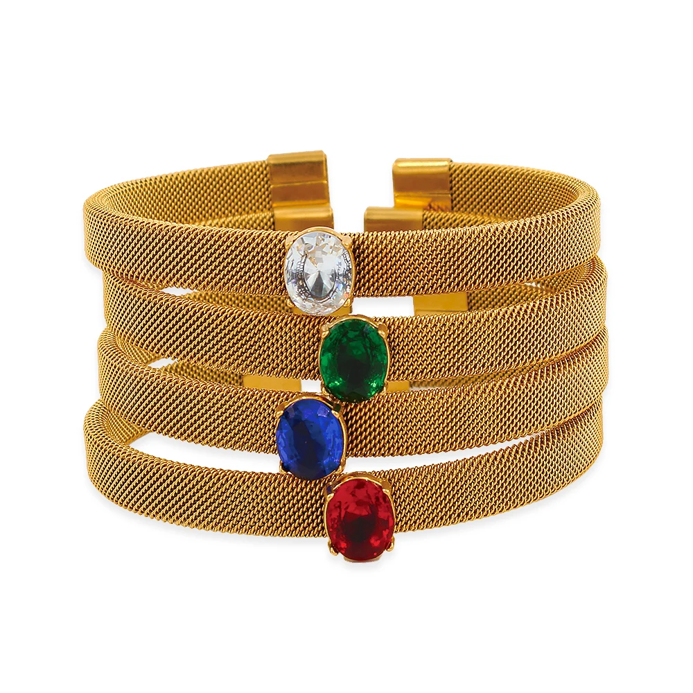 

Opening Stainless Steel Texture Real Gold Plated Mesh Shape Cuff Bracelet Bangle Olive Green White Trendy Jewelry Women YS481