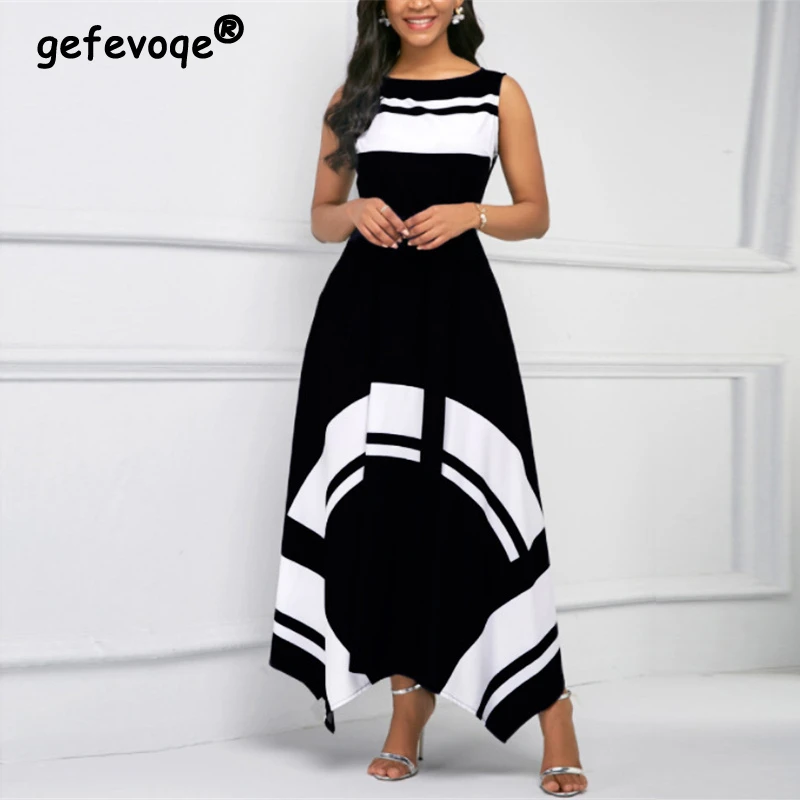 

Summer Fashion High Waist Lace Up Ladies Elegant Party Dresses Women Casual Sleeveless Print Tunic Irregular Maxi Dress Vestidos
