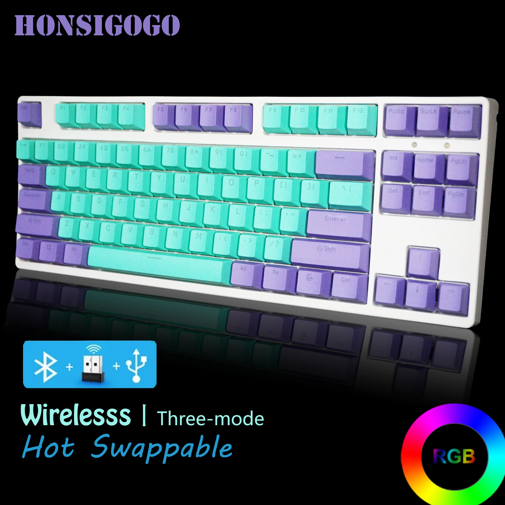 

Hon 87 Pro Blue Purple Wireless RGB Backlit Gaming Mechanical Keyboard 87 Keys TKL Compact Office PC Type Writer 2.4G Bluetooth