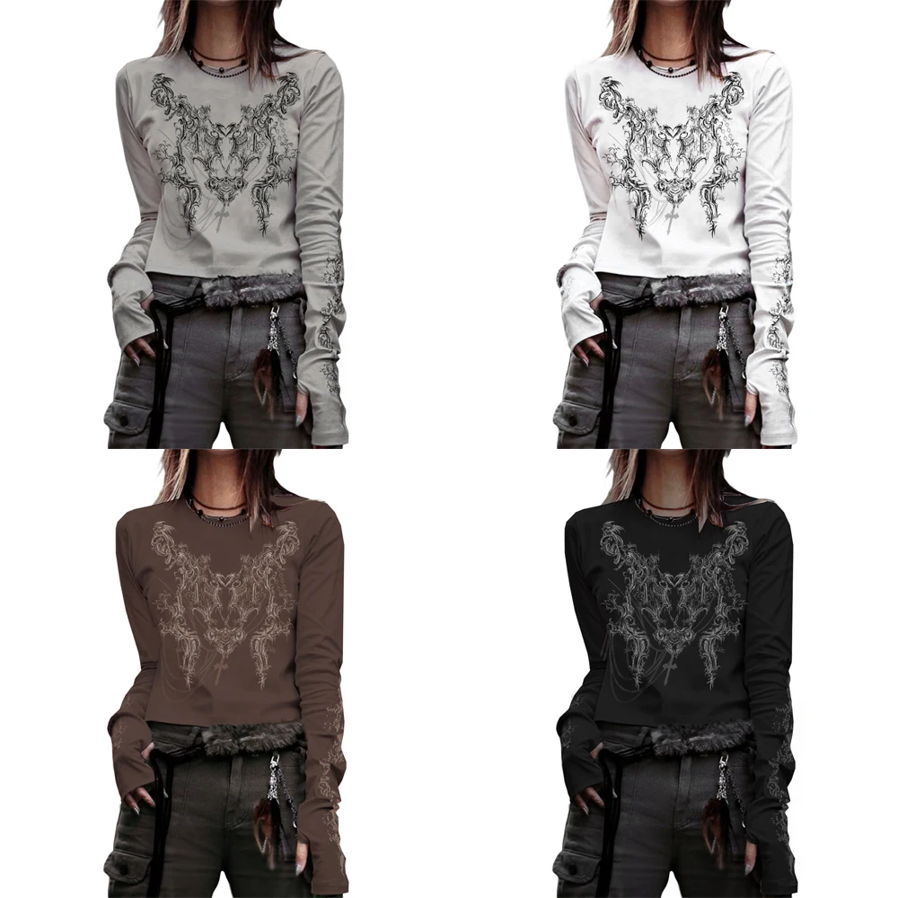 

Футболка y2k с цветочным принтом, милый базовый Повседневный Топ с круглым вырезом и длинным рукавом в стиле Харадзюку, женская одежда на вес...