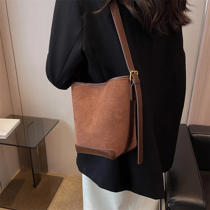 Retro Frosted Leather Commuting Bucket Crossbody Bags for Women Fashion Buns Mother Bag Multi-function Shopping Shoulder Storage