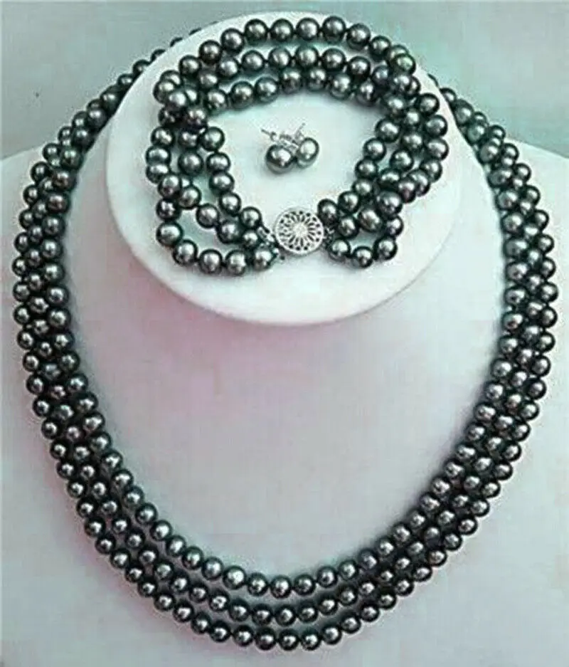 

3Rows 8-9mm Real Black Akoya Cultured Pearl Necklace +Bracelet 7.5"+Earrings Set