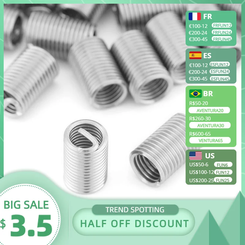 

50 Pcs Threaded Insert M6x1.0x3D Helicoil Stainless Steel Thread Repair Insert Kit Set Equipment Threaded Connection Accessories