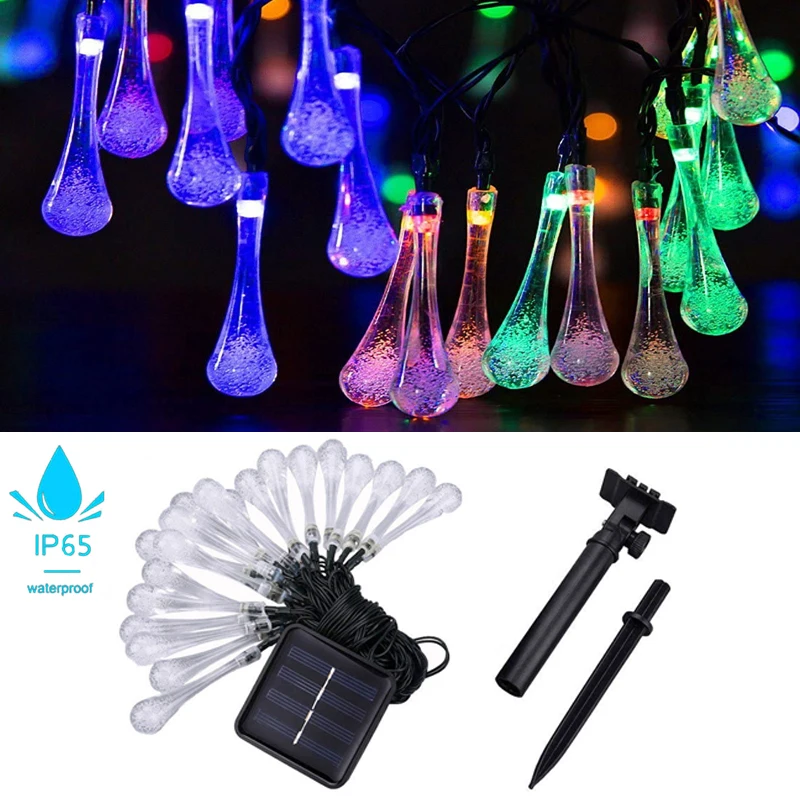 Solar Battery Lamp Water Droplets String Lights Pisca Exterior Fence Garden Fairy Led Bulb Garland Christmas Wedding Party Decor