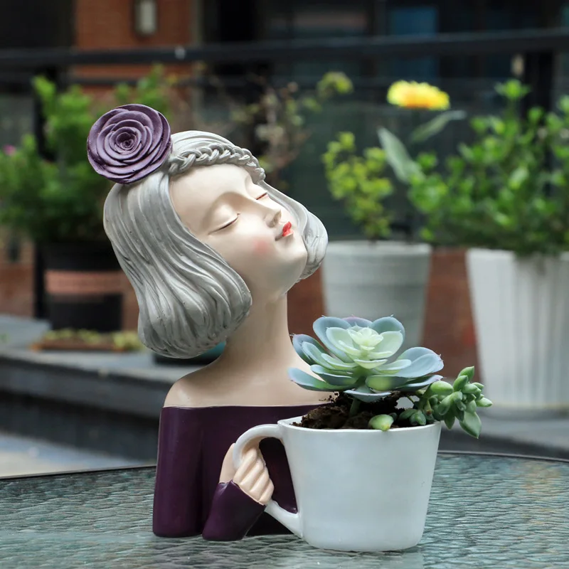 

Modern Gorgeous Girl and Cup Shaped Figure Resin Art Statue, Floor to Floor Cute Girl Flower Pot, Home Desktop Decoration