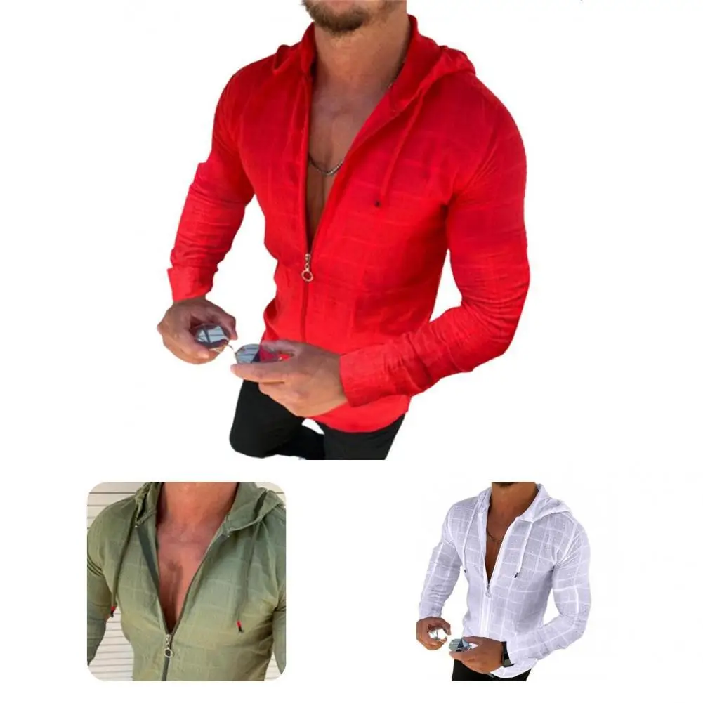 

Shirt Hooded Drawstring Cardigan Smooth Zipper Deisgn Spring T-shirt Men Shirt for Holiday