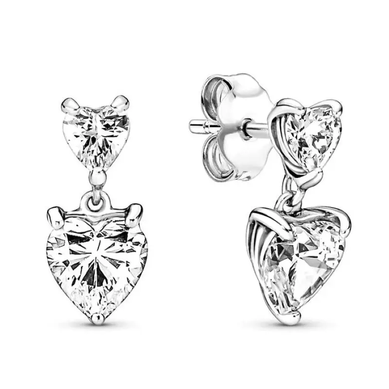 

Authentic 925 Sterling Silver Double Heart Sparkling With Crystal Stud Earrings For Women Wedding Gift Fashion Jewelry
