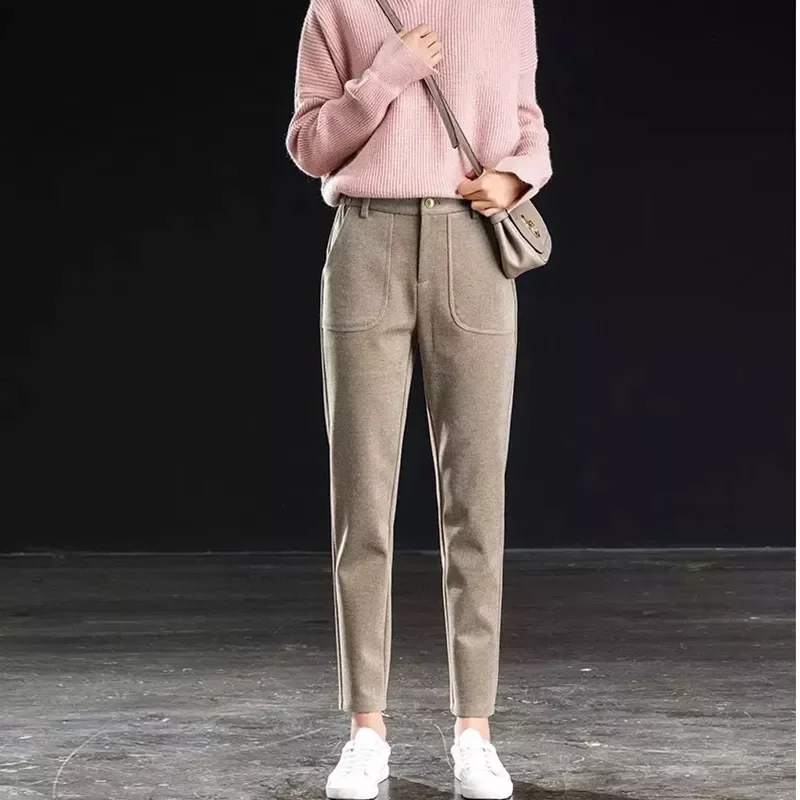 

Осенне-зимние шерстяные шаровары, новые женские брюки, повседневные брюки с редисом, Модные женские осенние свободные брюки с высокой талие...