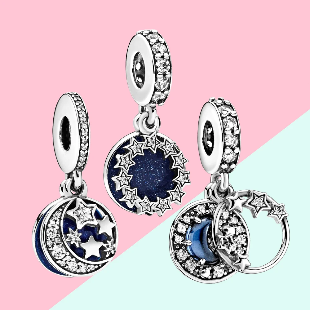 Pandora Blue Night Sky Crescent Moon and Stars Dangle Charm, 925 Silver ChimJewelry, Bracelet pour femme, DIY Executive