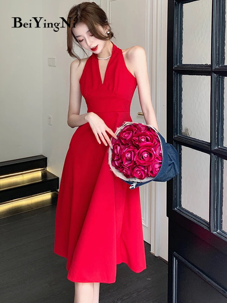 

Beiyingni 2022 летнее платье-трапеция без рукавов для женщин однотонное сексуальное элегантное роскошное модное платье с рюшами Вечерние платья ...