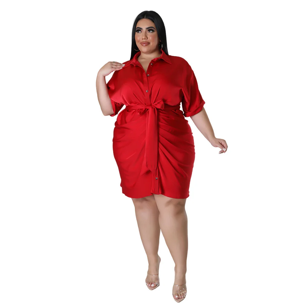 Casual Dress Plus Size Women Clothing Summer Short-sleeved Solid Color Dresses Fashion Large Size Female Street Wear Shirt Dress