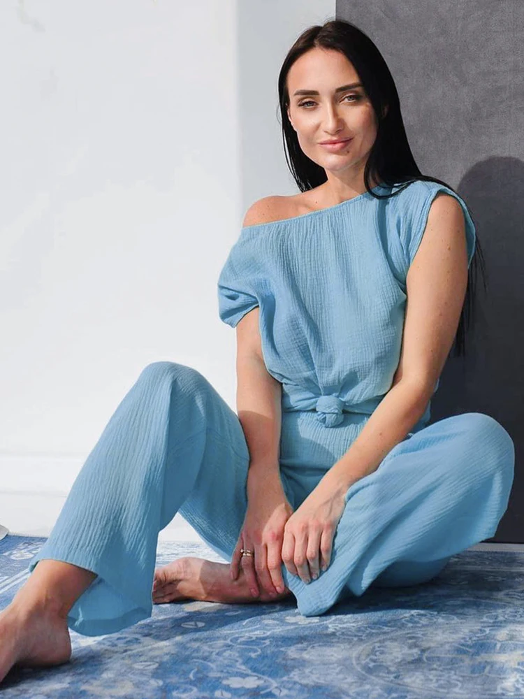 

Hiloc O-Neck Sleepwear Women's Cotton Blue Short Sleeve Pajamas For Women Pure Color Nightwear Set Woman 2 Pieces Pink Home Wear
