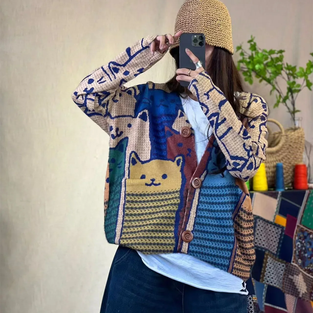 2024 Осень Новый стиль корейский винтажный художественный вязаный свитер женская