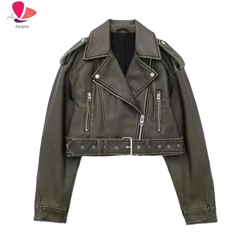 

Женская кожаная куртка APIPEE 2023 с поясом, короткое пальто с пониженной молнией и винтажным отложным воротником