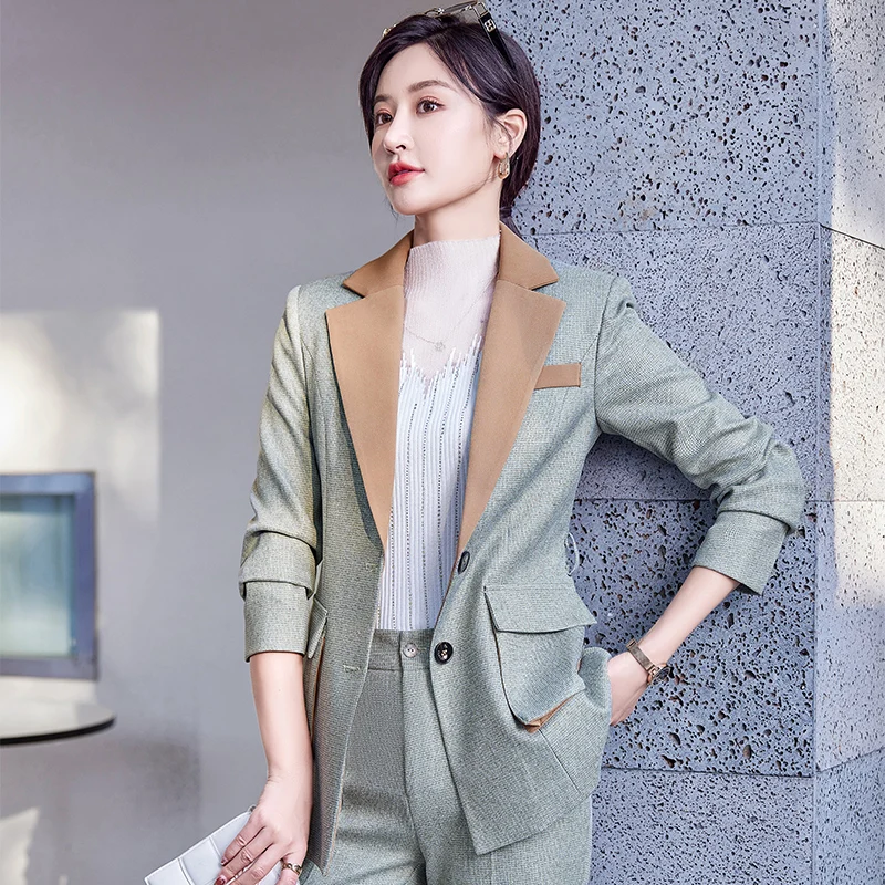 

2022 Spring High Quality Blazer Set With Belt Women Pants Suit Elegant Office Wear Business Pockets Patchwork Clothes