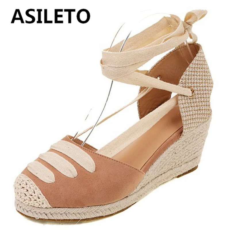 

ASILETO Women's Espadrille Ankle Strap Breathable Flax Hemp Canvas Sandals Comfortable Wedge Ladies Womens Casual Shoes S2970