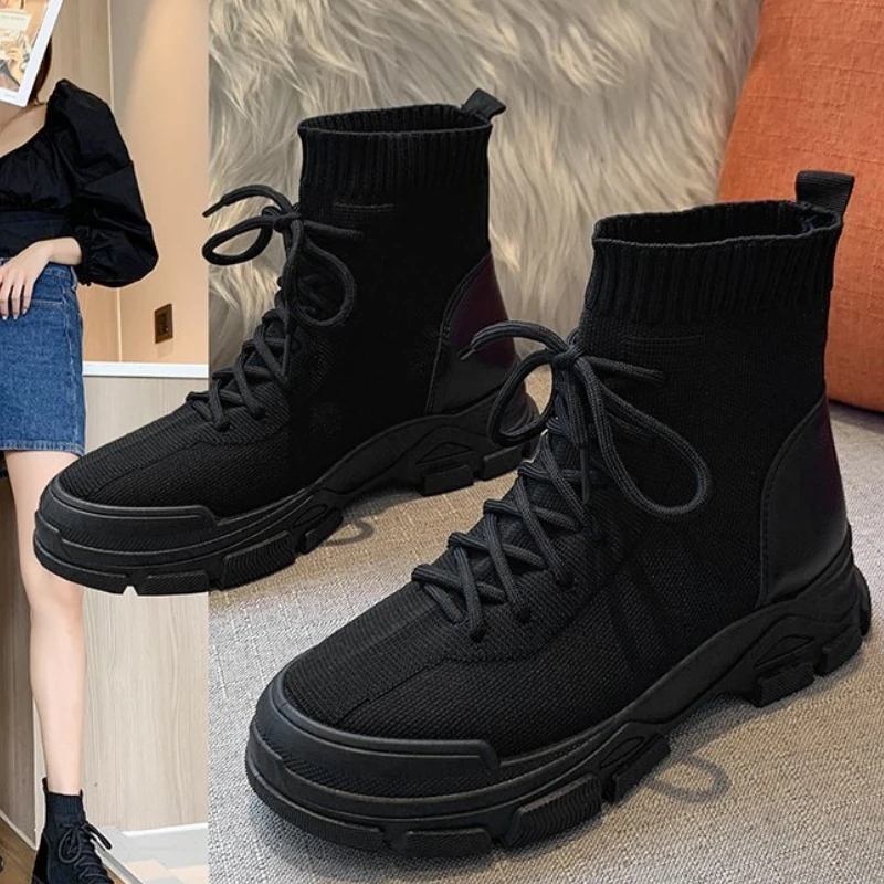 

Shoes Woman 2022 Fashion Handsome Lace Up Breathable Black Platform Boots Non Slip Waterproof Soft Botines De Mujer
