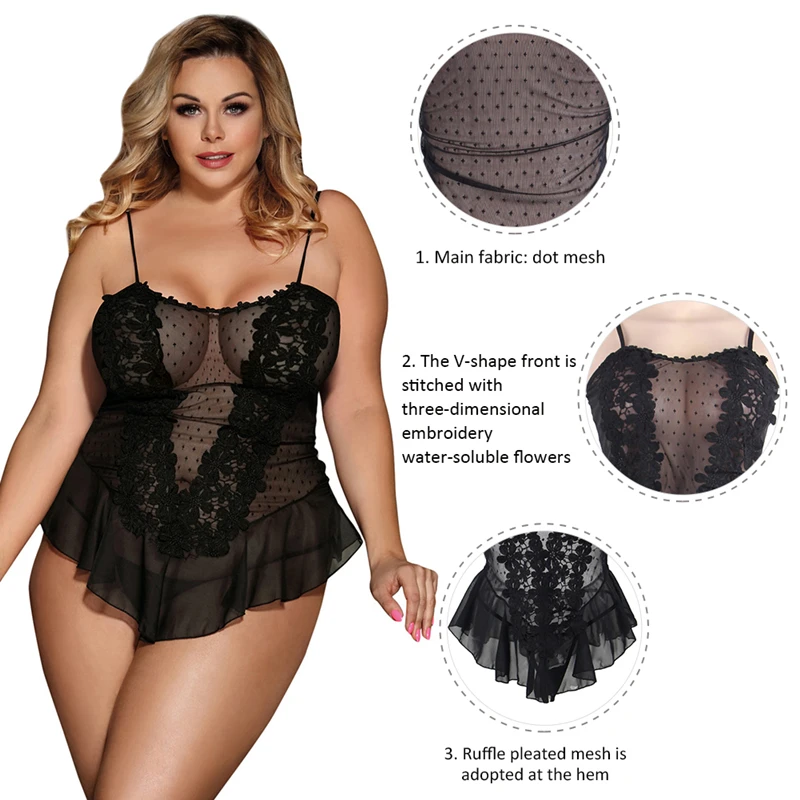 Comeondear Plus Size Lingereie Nightwears For Ladies Dresses Pajamas Lace Floral Nightgown Erotique Transparent Sexy Babydoll