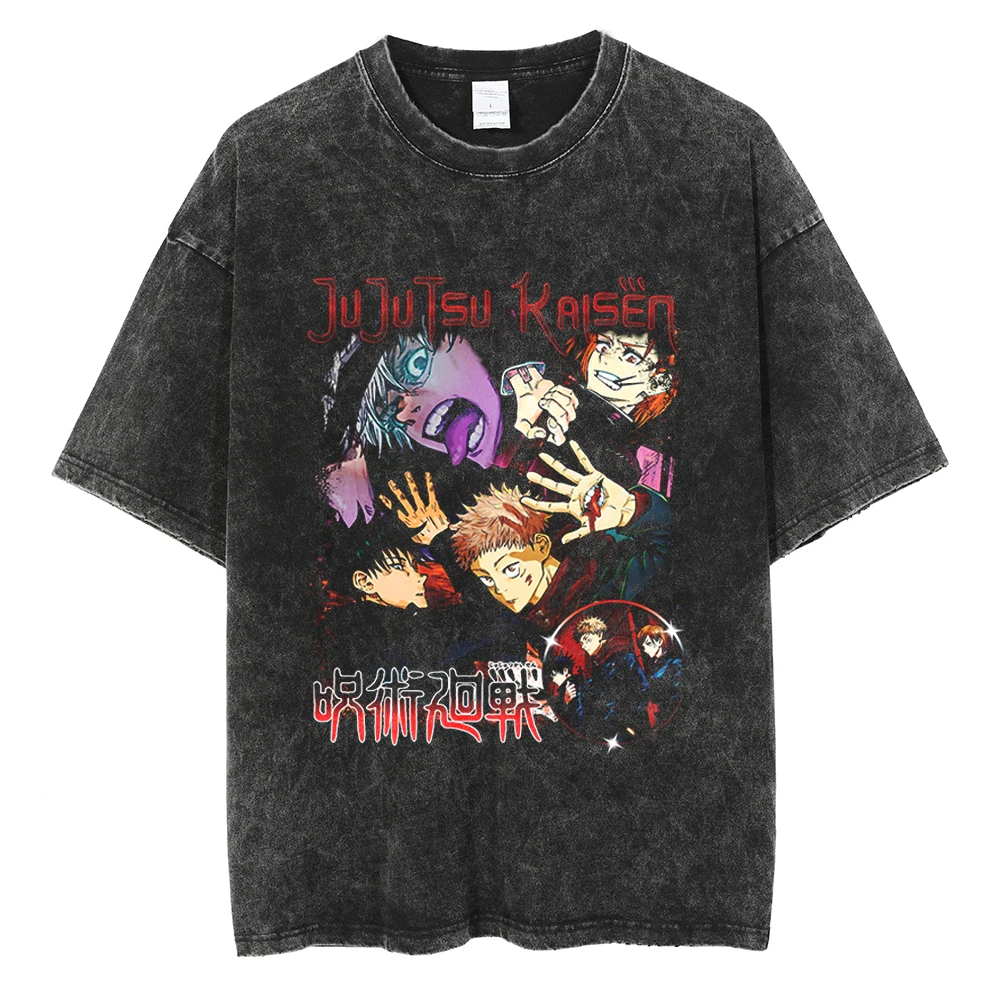 Anime Jujutsu Kaisen Satoru Gojo Print Tee Men Women Tshirts Plus Size Washed Cotton T-shirt Harajuku Male Manga T Shirt