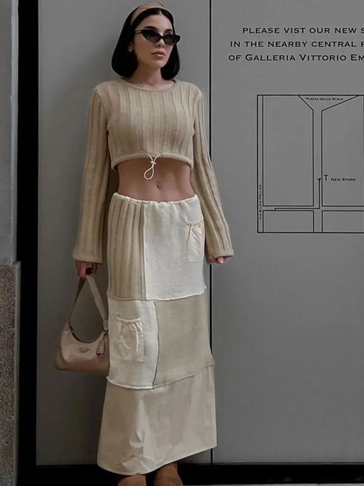 

Женский трикотажный костюм из юбки и свитера с высокой эластичной талией и длинным рукавом