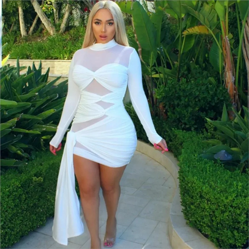 

White Sexy Slim High Neck Short Dress For Women Chic Perspective Long Sleeve Mini Dress Skinny Nightclub Wear Autumn New Street