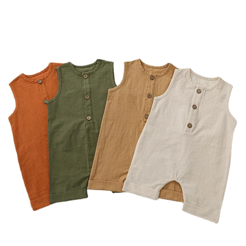 

Summer Baby Boys Girls Romper Playsuit Jumpsuit Solid Linen Cotton Sleeveless Infant Rompers Button Breasted Baby Clothing