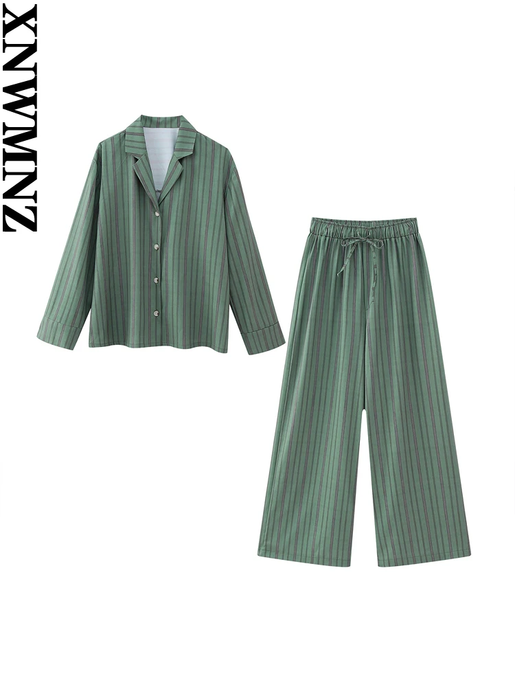 

XNWMNZ Женская мода 2023 полосатая льняная смесь рубашка или эластичный шнурок средняя талия широкие брюки женские комплект из двух частей