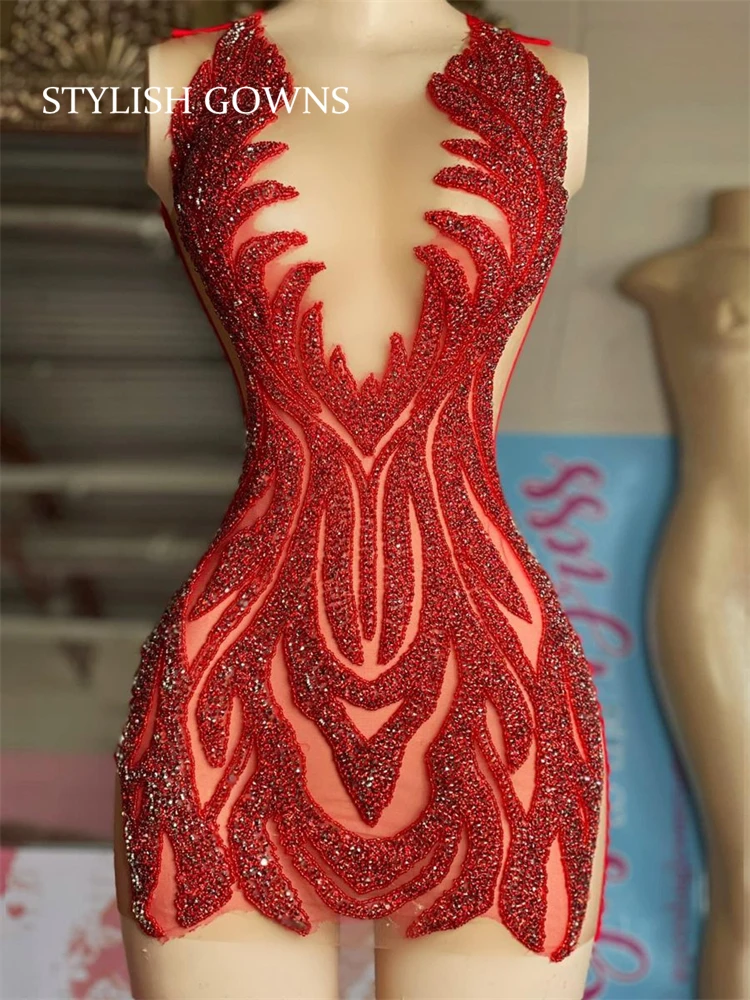 

Red Sheer O Neck Short Prom Dress For Black Girls 2023 Beaded Crystals Birthday Party Mermaid Mini Cocktail Gowns Robe De Bal