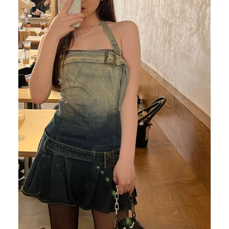 

Summer Blue Dress Y2K Clothes Women Backless Dress Denim Skirt Sleeveless V-neck Sexy Korean Fashion 2023 Simple NEW Miniskirt