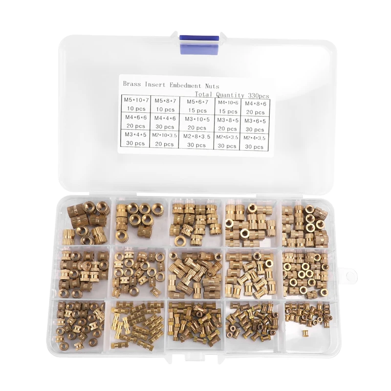 

330Pcs Female Thread Knurled Nuts M2 M3 M4 M5 Brass Threaded Insert Round Injection Moulding Knurled Nuts Assortment Kit