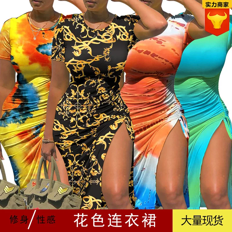 

Spring/Summer 2022 new tie-dye printing bag hip slit tethered temperament slim dress